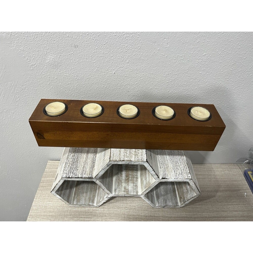 Solid Wood 5 Tealight Candle Holder Block Long Table Centerpiece Rustic Modern